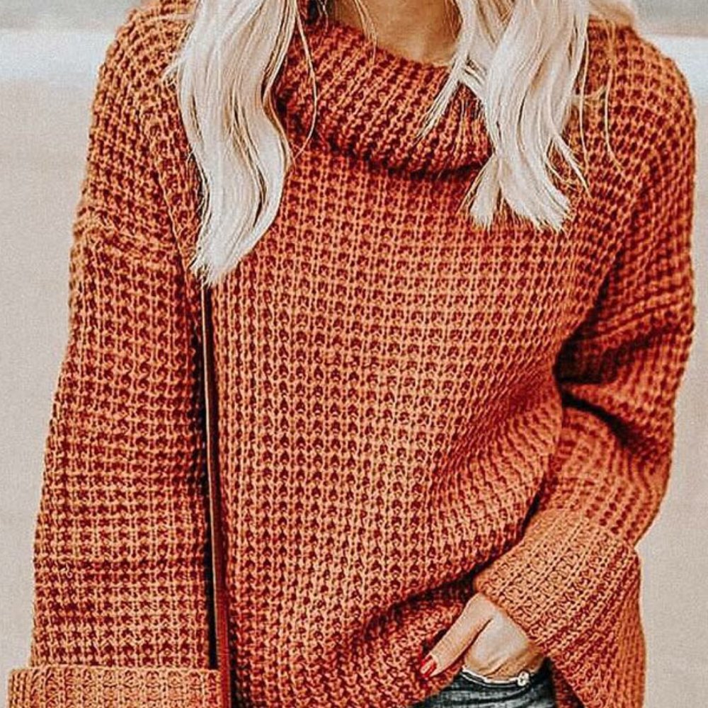 LAST Pumpkin Waffle Knit Turtle Neckline Sweater - Picture 6 of 6